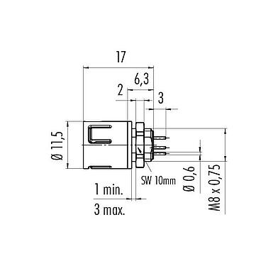 Maßzeichnung Snap-In Flanschstecker, Polzahl: 5, ungeschirmt, THT, IP67, M8x0,75, Frontmontage