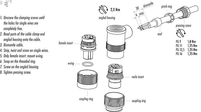 Assembly instructions RD24 Female angled connector, Contacts: 6+PE, 10.0-12.0 mm, unshielded, crimping (Crimp contacts must be ordered separately), IP67, PG 13.5