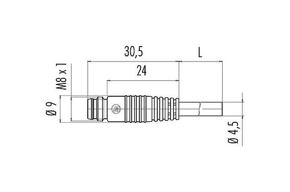 Dibujo a escala M8 Conector de cable macho, Número de contactos: 5, sin blindaje, moldeado en el cable, IP65, PUR, negro, 5 x 0,34 mm², Versión snap-in, 5 m