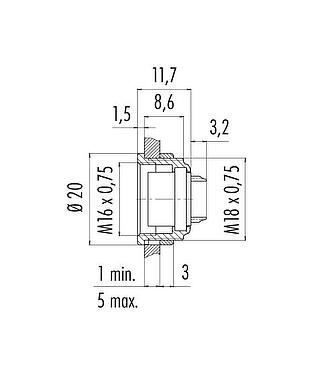 Desenho da escala M16 Soquete de flange, Contatos: 16, desprotegido, solda, IP40, M18x0,75, Montagem frontal