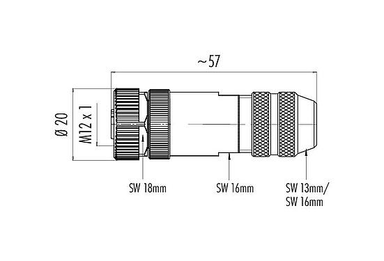 Dibujo a escala M12 Conector de cable hembra, Número de contactos: 5, 6,0-8,0 mm, blindable, abrazadera de alambre, IP67, con anillo de protección