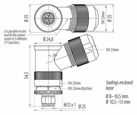 Dibujo a escala M12 Conector macho en ángulo, Número de contactos: 4+FE, 8,0-13,0 mm, sin blindaje, tornillo extraíble, IP67, M12x1,0, para la fuente de alimentación (potencia), UL 2237 en preparación, con conexión de PE