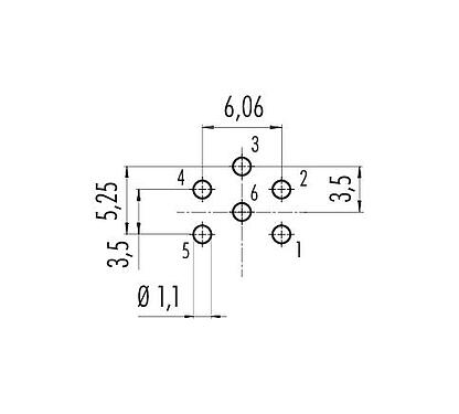Conductor layout 09 0123 90 06 - M16 Male panel mount connector, Contacts: 6 (06-a), unshielded, THT, IP67, UL, front fastened