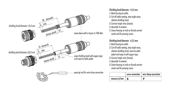 Instrukcja montażu 99 1431 810 04 - M12 Męskie złącze kablowe proste, Kontaktów: 4, 5,0-8,0 mm, do ekranowania, zacisk śrubowy, IP67, UL