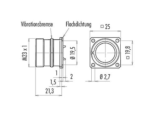 Maßzeichnung 99 4607 00 12 - M23 Vierkant-Flanschstecker, Polzahl: 12, ungeschirmt, löten, IP67, von vorne verschraubbar