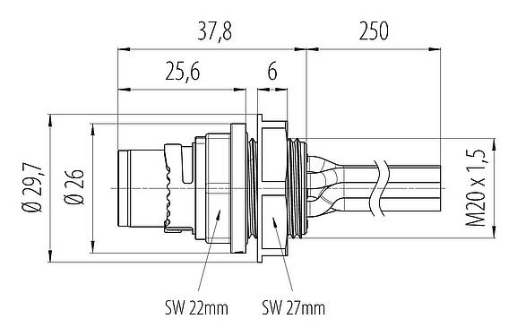 Dessin coté Baïonnette Embase mâle, Contacts: 6, non blindé, fils, IP66/IP67, UL 2237, M20x1,5, Montage frontal
