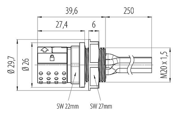 Dessin coté Baïonnette Embase femelle, Contacts: 6, non blindé, fils, IP66/IP67, UL 2237, M20x1,5, Montage frontal