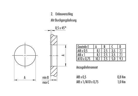 Montageanleitung / Montageausschnitt M8 Flanschstecker, gewinkelt, Polzahl: 4, schirmbar, THT, IP67, Rückwandmontage