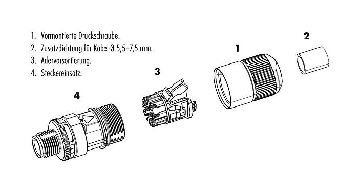 Einzelteildarstellung M12 Kabeldose, Polzahl: 8, 5,5-9,0 mm, schirmbar, IDC, IP67