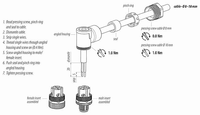 Instrucción de montaje M12 Conector macho en ángulo, Número de contactos: 4, 8,0-10,0 mm, sin blindaje, tornillo extraíble, IP67, UL 2238, VDE