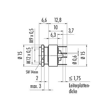 Maßzeichnung M9 Flanschdose, Polzahl: 8, schirmbar, THT, IP67, M12x0,5, Rückwandmontage
