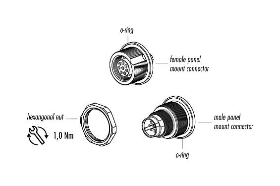 Component part drawing 09 0407 80 03 - M9 Male panel mount connector, Contacts: 3, unshielded, solder, IP67, front fastened