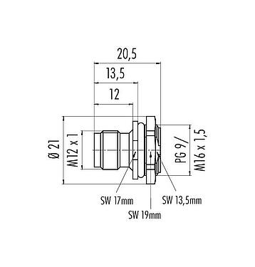 Desenho da escala M12 Bujão flangeado, Contatos: 4, desprotegido, solda, IP67, UL 2238, M16x1,5, Montagem frontal