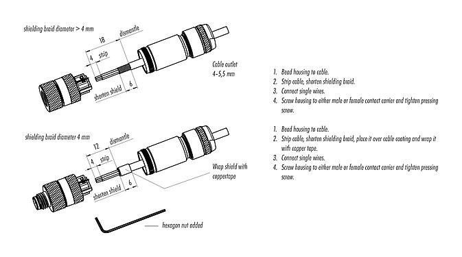 Instrução de montagem 99 3363 100 04 - M8 Plugue de cabo, Contatos: 4, 4,0-5,5 mm, blindável, pinça de parafuso, IP67, UL