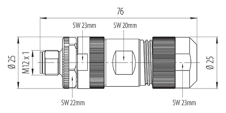 Dibujo a escala M12 Conector de cable macho, Número de contactos: 4+FE, 8,0-13,0 mm, sin blindaje, tornillo extraíble, IP67, M12x1,0, UL 2237 en preparación, con conexión de PE