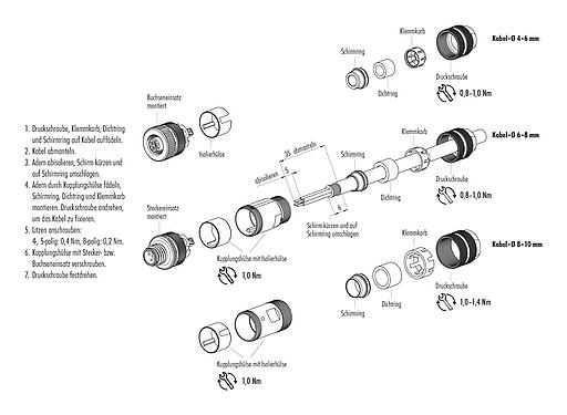 Montageanleitung M12 Kabelstecker, Polzahl: 8, 6,0-8,0 mm, schirmbar, schraubklemm, IP67, UL 2238, mit Schirmring