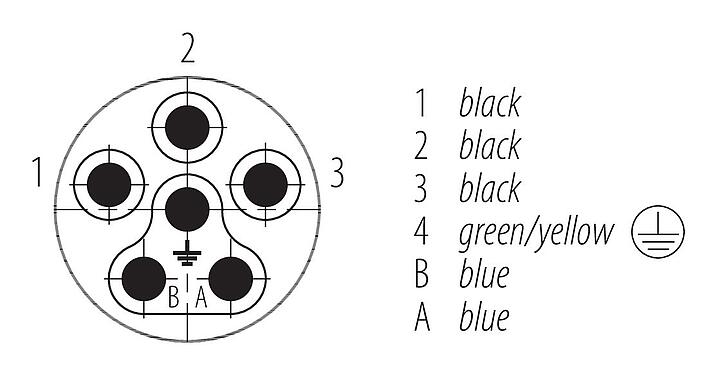 Contact arrangement (Plug-in side) 09 6121 150 06 - Bayonet Male panel mount connector, Contacts: 6 (3+PE+2), shieldable, single wires, IP66/IP67, M20x1.5