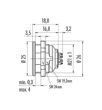 Dessin coté Push Pull Embase femelle, Contacts: 12, non blindé, souder, IP40, M21x1,0, Montage frontal