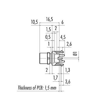 Scale drawing M8 Female panel mount connector, Contacts: 3, unshielded, THR, IP67, UL 2238