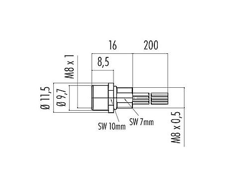 스케일 드로잉 09 3462 00 06 - M8 플랜지 리셉터클, 콘택트 렌즈: 6, 차폐되지 않음, 단일 전선, IP67/IP69K, M8x0.5