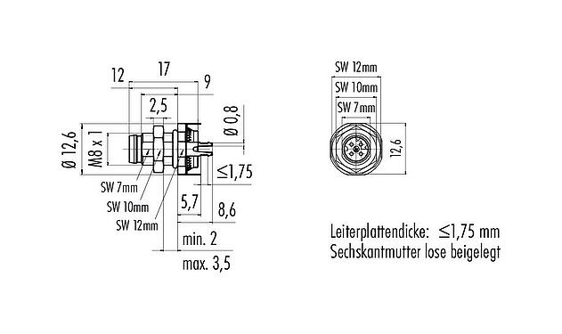 Maßzeichnung M8 Flanschstecker, Polzahl: 4, schirmbar, THT, IP67, M8x1,0, Rückwandmontage
