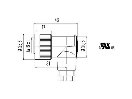 Maßzeichnung M18 Winkeldose, Polzahl: 4, 6,5-8,0 mm, ungeschirmt, schraubklemm, IP67, UL
