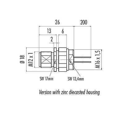 Dibujo a escala M12 Enchufe de brida, Número de contactos: 5, sin blindaje, hilos, IP68, UL 2238, M16x1,5, Montaje frontal