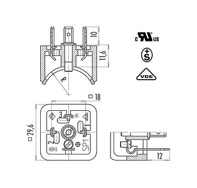 Dibujo a escala Conector de alimentación macho, contactos en ángulo hacia adentro, Número de contactos: 3+PE, sin blindaje, soldadura, IP40 sin junta, UL, ESTI+, VDE
