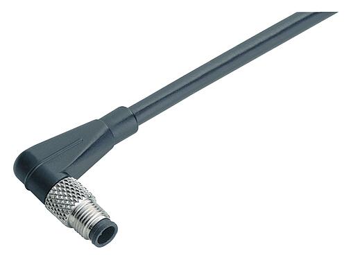 Illustration M5 Male angled connector, Contacts: 3, unshielded, moulded on the cable, IP67, UL 2238, M5x0.5, PUR, black, 3 x 0.25 mm², 2 m