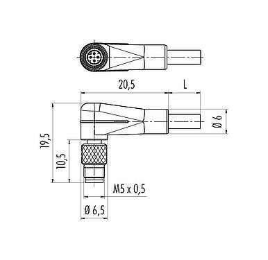 Scale drawing M5 Male angled connector, Contacts: 3, unshielded, moulded on the cable, IP67, UL 2238, M5x0.5, PUR, black, 3 x 0.25 mm², 2 m
