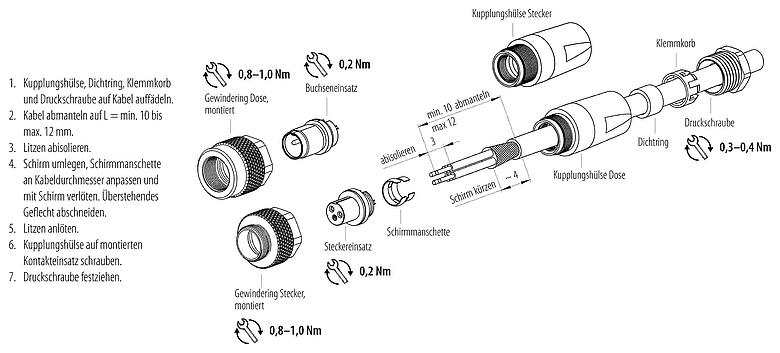 Assembly instructions M9 Male cable connector, Contacts: 2, 3.5-5.0 mm, shieldable, solder, IP67, with shielding cuff