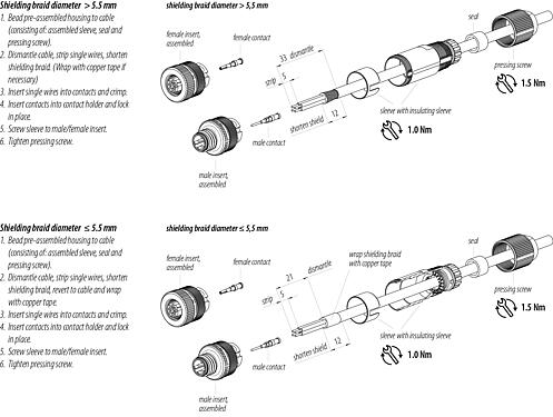 Instructions de montage M12 Connecteur mâle, Contacts: 4, 5,0-8,0 mm, blindable, sertir (Les contacts à sertir doivent être commandés séparément), IP67
