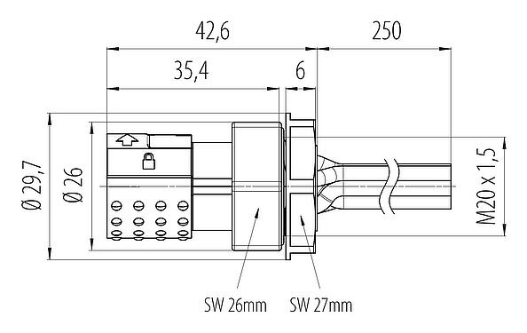 Dessin coté Baïonnette Embase femelle, Contacts: 6, blindable, fils, IP66/IP67, UL 2237, M20x1,5, Montage frontal