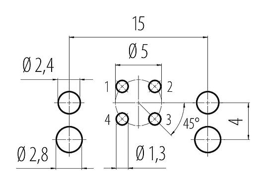 導体レイアウト 99 3732 202 04 - M12 メスパネルマウントコネクタ, 極数: 4, 非シールド, THR, IP67, UL, 2部構成のデザイン