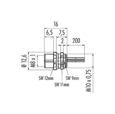 Méretarányos rajz M8 panelre szerelhető foglalat, : 8, árnyékolatlan, sodrott vezeték, IP67, UL 2238, M10x0,75, elülső rögzítés