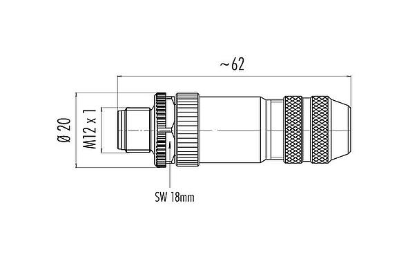 Dibujo a escala M12 Conector de cable macho, Número de contactos: 12, 6,0-8,0 mm, blindable, soldadura, IP67, UL 2238, con anillo de protección