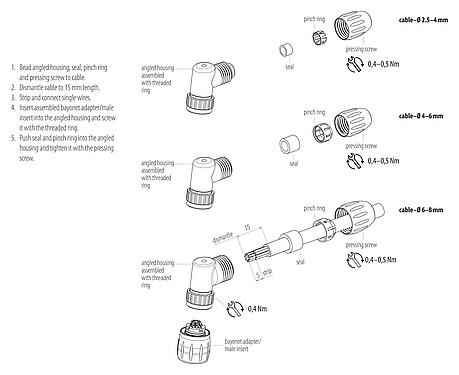 Instrucción de montaje Bayoneta Conector macho en ángulo, Número de contactos: 8, 2,5-4,0 mm, sin blindaje, soldadura, IP67
