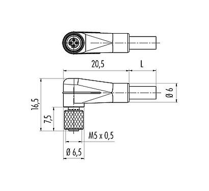 Dessin coté M5 Connecteur femelle coudé, Contacts: 3, non blindé, surmoulé sur le câble, IP67, UL 2238, M5x0,5, PUR, noir, 3 x 0,14 mm², 5 m