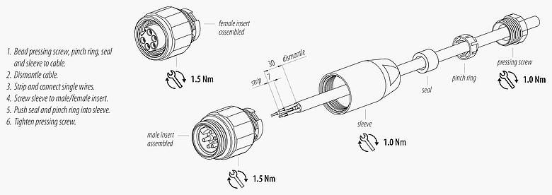 Montážní návod 7/8" Zástrčka kabelu, : 4+PE, 6,0-8,0 mm, nestíněný, šroubovací svorka, IP67, UL 2238, VDE