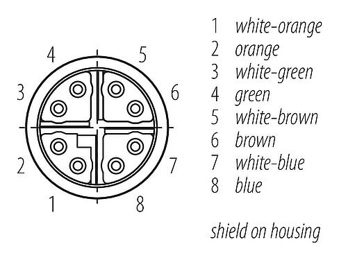 Disposición de los contactos (lado de la conexión) M16 Conector de cable hembra, Número de contactos: 8, 5,5-9,0 mm, blindable, IDC, IP67