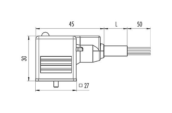 Scale drawing Female solenoid valve connector, Contacts: 2+2PE, unshielded, moulded on the cable, IP67, PUR, black, Circuit Z20, with LED PNP, 3 m
