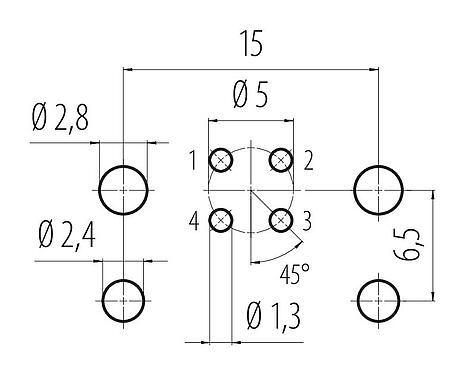 Расположение проводников 99 3432 200 04 - M12 Фланцевая розетка, Количество полюсов: 4, не экранированный, THR, IP68, UL, для печатных плат, конструкция из двух частей