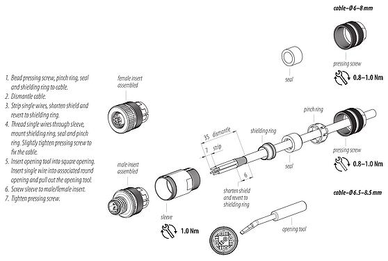 Instrucción de montaje M12 Conector de cable hembra, Número de contactos: 5, 6,0-8,0 mm, blindable, abrazadera de alambre, IP67, con anillo de protección