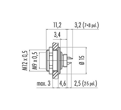 Scale drawing M9 Female panel mount connector, Contacts: 3, unshielded, solder, IP67, M12x0.5, Rear mounting