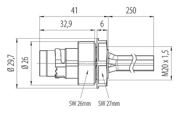 Dessin coté 09 6121 150 06 - Baïonnette Embase mâle, Contacts: 6 (3+PE+2), blindable, fils, IP66/IP67, M20x1,5