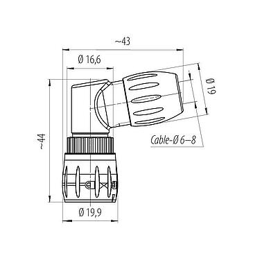 Dibujo a escala Bayoneta Conector macho en ángulo, Número de contactos: 8, 6,0-8,0 mm, sin blindaje, soldadura, IP67