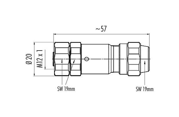 Dibujo a escala M12 Conector de cable hembra, Número de contactos: 4, 5,5-8,6 mm, blindable, tornillo extraíble, IP68/IP69K, UL 2238, Ecolab, Acero inoxidable, con anillo de protección