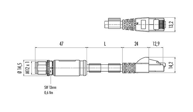 스케일 드로잉 M12/RJ45 연결 케이블 케이블 커넥터 - RJ45 커넥터, 콘택트 렌즈: 8, 쉴드, 케이블에 몰딩, IP67, UL, PUR, 녹색, AWG 26/7, 10m