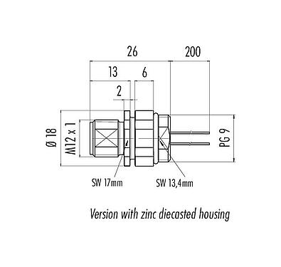 Dibujo a escala M12 Enchufe de brida, Número de contactos: 5, sin blindaje, hilos, IP68, UL 2238, PG 9, Montaje frontal
