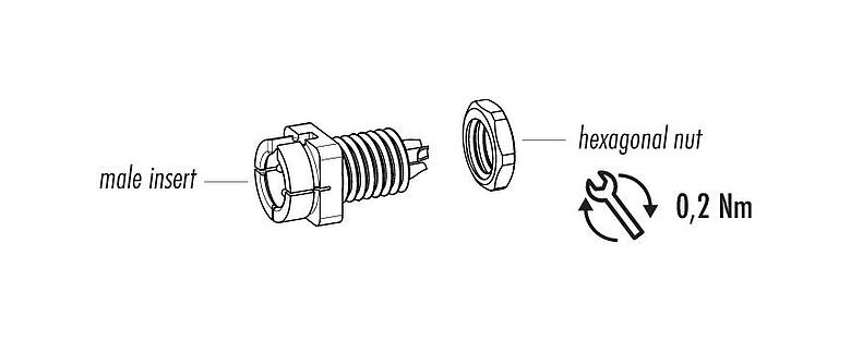 Component part drawing Snap-In Male panel mount connector, Contacts: 5, unshielded, solder, IP40, 1/4" 28 UNF, Front mounting